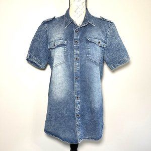 ROK | Blue Denim Short Sleeve Collared Button-Down Shirt | Size L